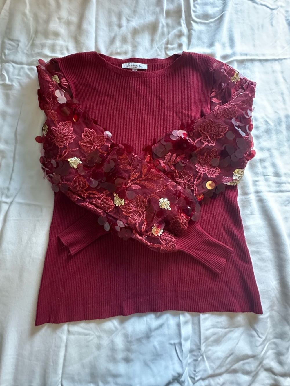 Burgundy Embellished Long-Sleeve Knit Top